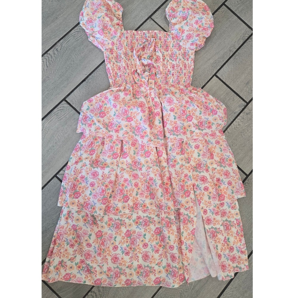 Simply Southern Lucy Floral Tiered Smocked Midi Dress Pink Orange Medium NEW